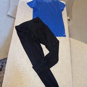 Blue Athletic Tee & Black Leggings Set